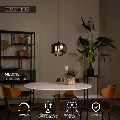 Lucide MEDINE - Pendelleuchten - Ø 25 cm - 1xE27 - Rauchfarbe Grau